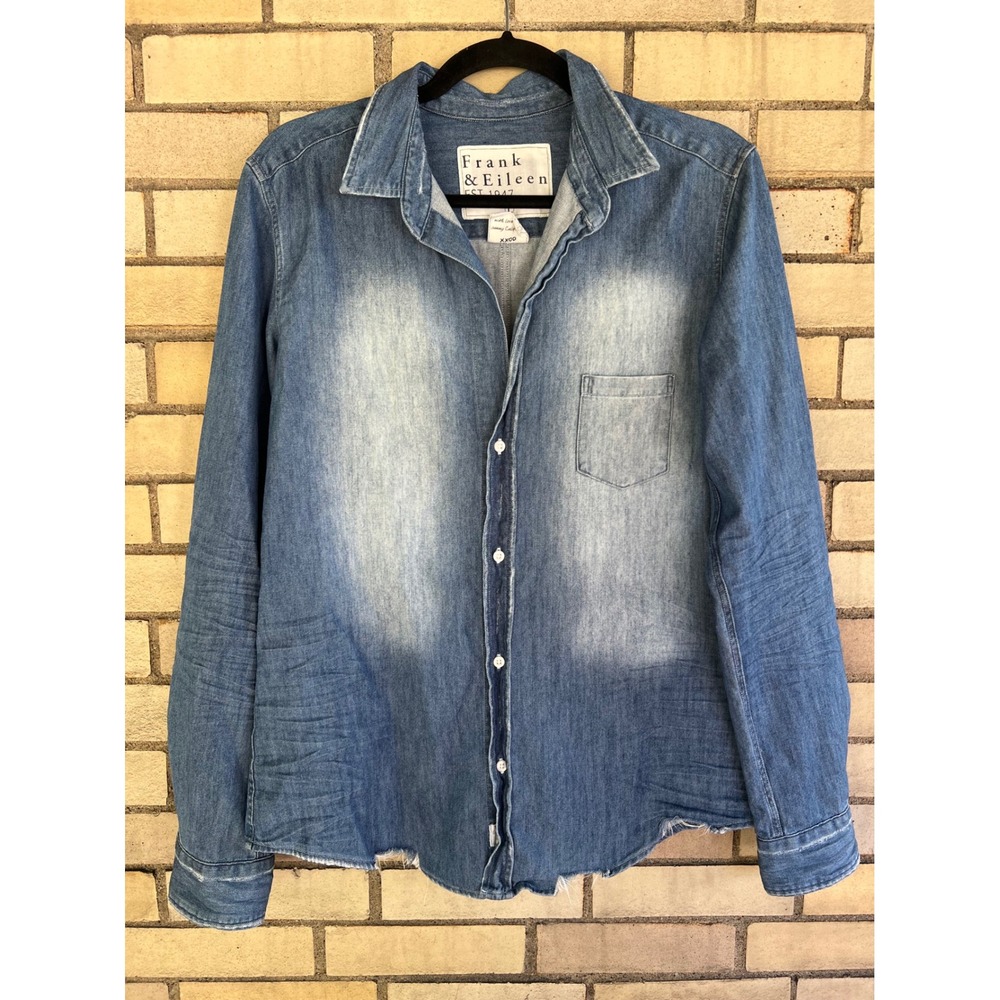 Frank & Eileen Barry Blue Denim Button Down Shirt Sz Large Cotton Woven In Italy